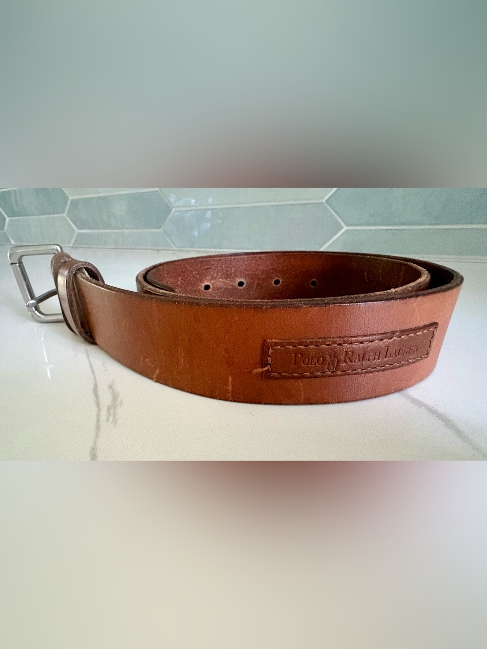 Polo Ralph Lauren Men's Brown Saddle Leather Belt Silver Buckle Logo Patch Sze34